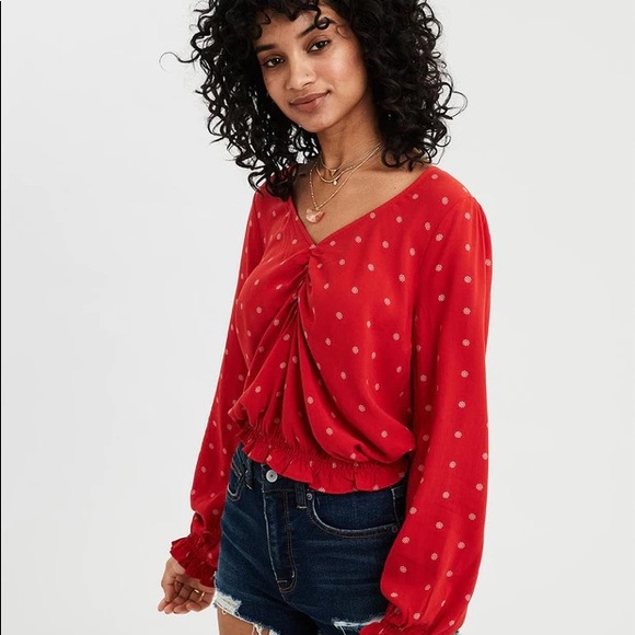 American Eagle Red Bubble Sleeved Blouse - Picture 4 of 4